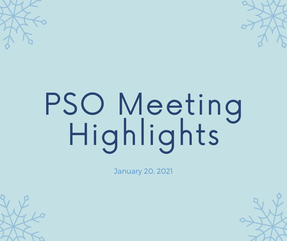 blue box with snowflake illustrations in the four corners and text that reads PSO Meeting Highlights January 20, 2021